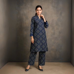 Indigo Blue Printed Cotton 2-Piece Suit – Minimal Elegance by Almehfa