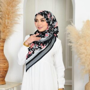 Floral Printed Square Silk Scarf – Black